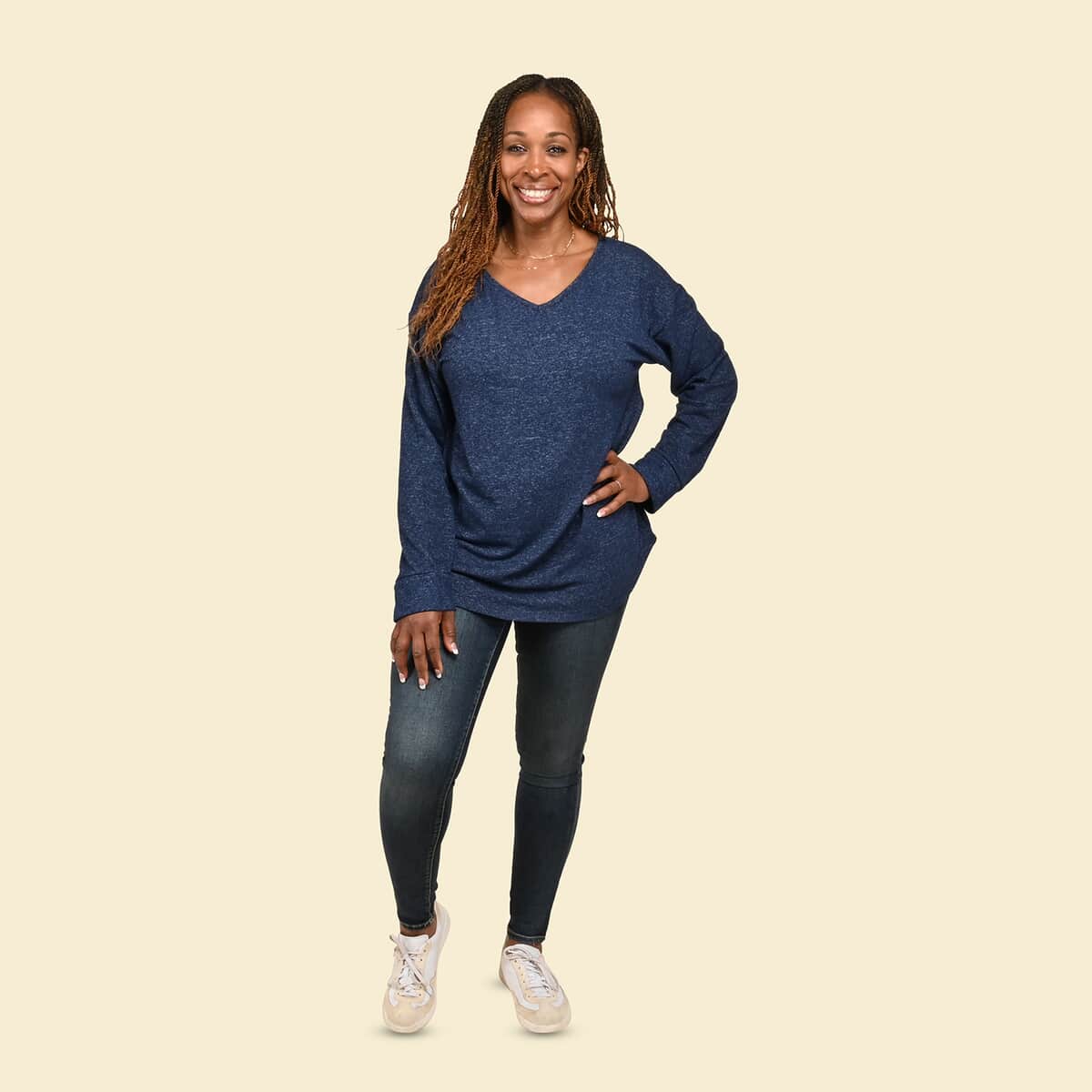 Tamsy Navy Blue Casual Long Sleeves and V Neck Top - L image number 0