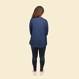 Tamsy Navy Blue Casual Long Sleeves and V Neck Top - L