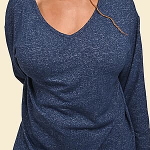 Tamsy Navy Blue Casual Long Sleeves and V Neck Top - L