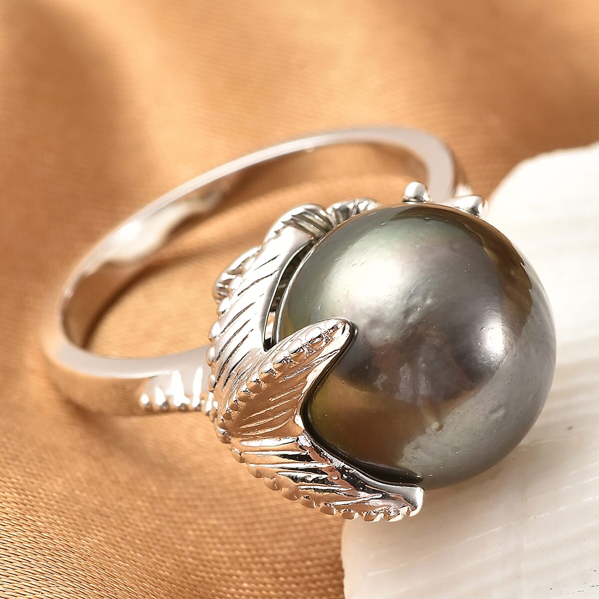 Tahitian Pearl 11-12mm Starfish Ring in Rhodium Over Sterling Silver (Size 8.0) image number 1