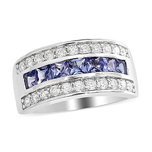 Tanzanite and Moissanite VS EF Half Eternity Band Ring in Rhodium Over Sterling Silver (Size 8.0) 1.80 ctw