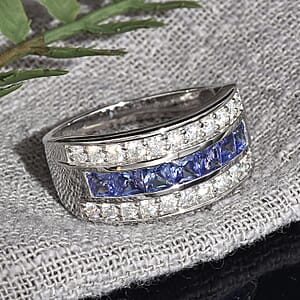 Tanzanite and Moissanite VS EF Half Eternity Band Ring in Rhodium Over Sterling Silver (Size 8.0) 1.80 ctw