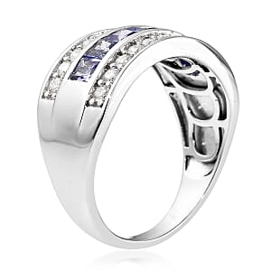 Tanzanite and Moissanite VS EF Half Eternity Band Ring in Rhodium Over Sterling Silver (Size 8.0) 1.80 ctw