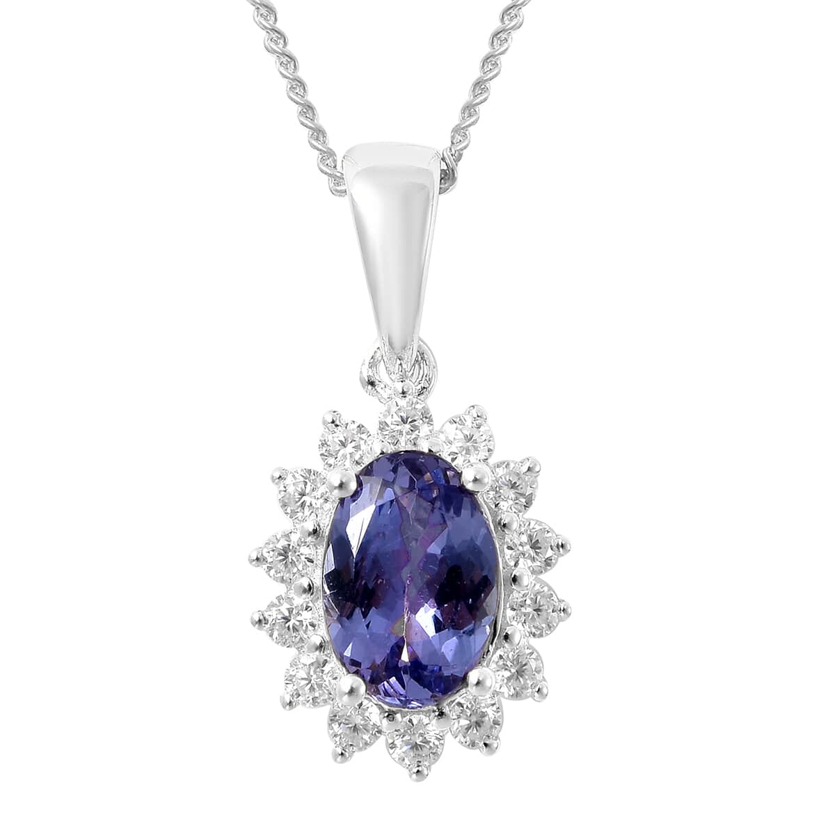 Tanzanite and Moissanite Sunburst Pendant Necklace 18 Inches in Rhodium Over Sterling Silver 1.10 ctw image number 0