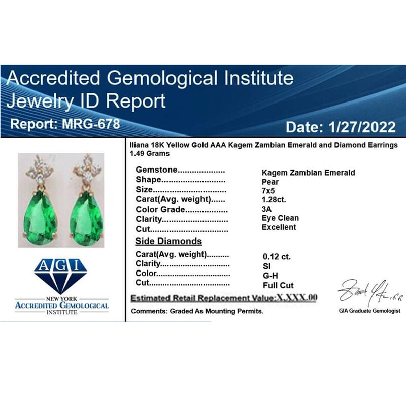 Certified and Appraised Iliana AAA Kagem Zambian Emerald and G-H SI Diamond 1.40 ctw Drop Earrings in 18K Yellow Gold