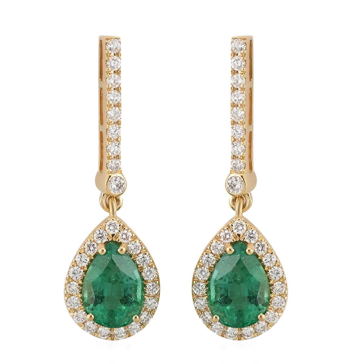 Iliana 18K Yellow Gold AAA Kagem Zambian Emerald and G-H SI Diamond Dangle Earrings 2.65 Grams 1.75 ctw image number 0