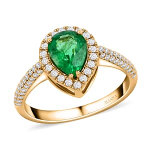 Iliana 18K Yellow Gold AAA Kagem Zambian Emerald and Diamond G-H SI Halo Ring (Size 7.0) 1.50 ctw