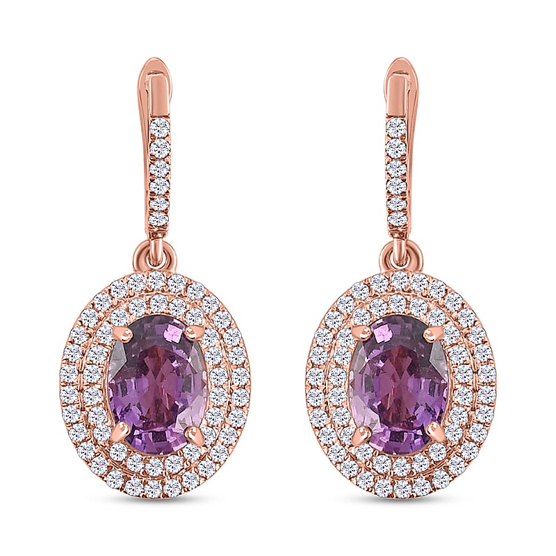 Appraised Iliana 18K Rose Gold AAA Purple Sapphire and G-H SI Diamond Double Halo Dangle Earrings 2.40 ctw