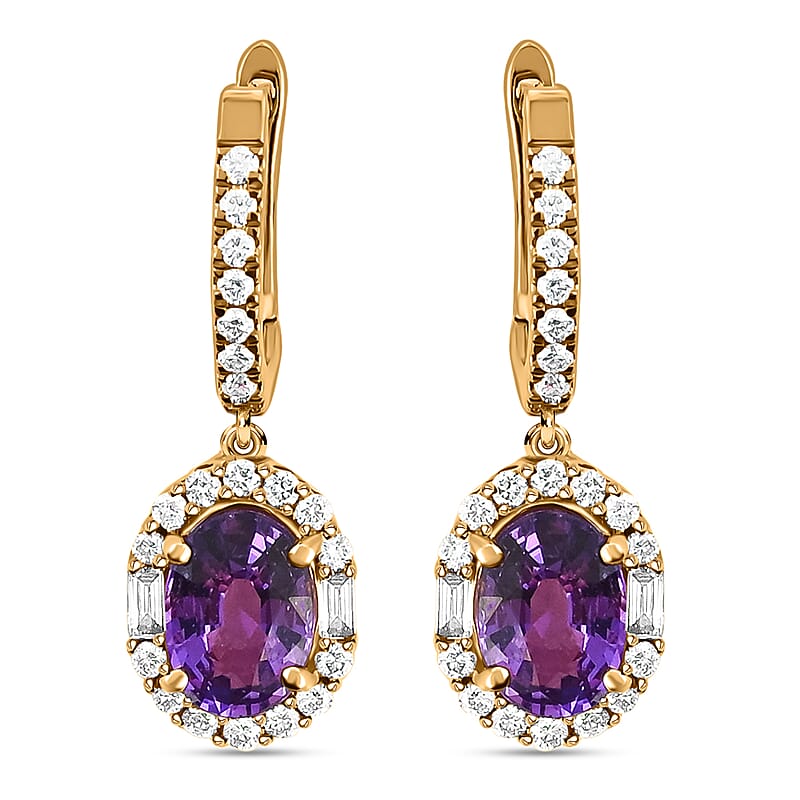Appraised Iliana 18K Rose Gold AAA Purple Sapphire and G-H SI Diamond Halo Dangle Earrings 2.25 ctw