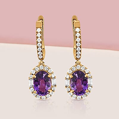 Appraised Iliana 18K Rose Gold AAA Purple Sapphire and G-H SI Diamond Halo Dangle Earrings 2.25 ctw