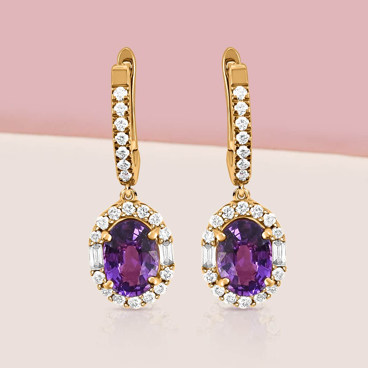 Appraised Iliana 18K Rose Gold AAA Purple Sapphire and G-H SI Diamond Halo Dangle Earrings 2.25 ctw image number 1
