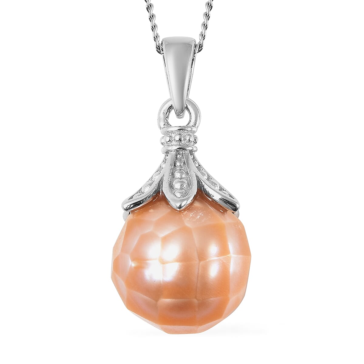 Peach Edison Pearl 10mm Drop Pendant Necklace 18 Inches in Rhodium Over Sterling Silver