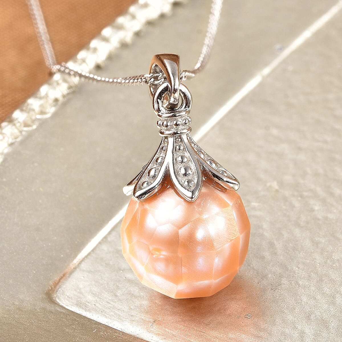 Peach Edison Pearl 10mm Drop Pendant Necklace (18 Inches) in Rhodium Over Sterling Silver image number 1