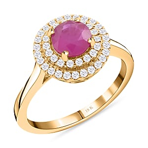 Iliana 18K Yellow Gold AAA Ruby and G-H SI Diamond Double Halo Ring (Size 9.0) 4 Grams 1.50 ctw
