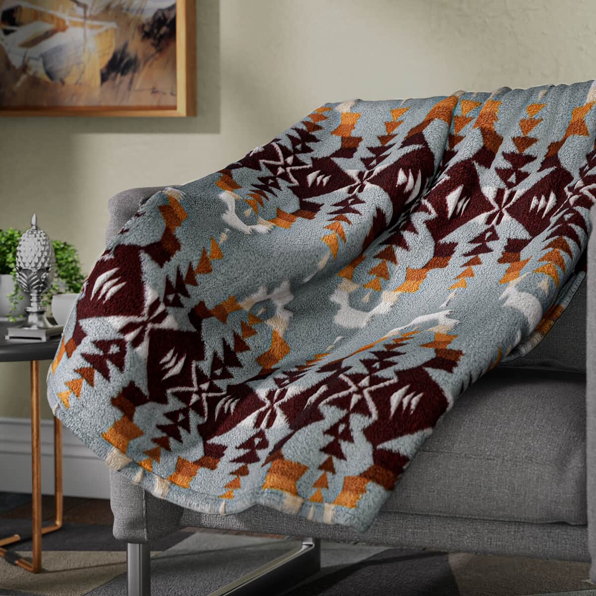 Homesmart Light Blue and Brown Abstract and Tribal Pattern Sherpa Blanket (Microfiber) image number 0