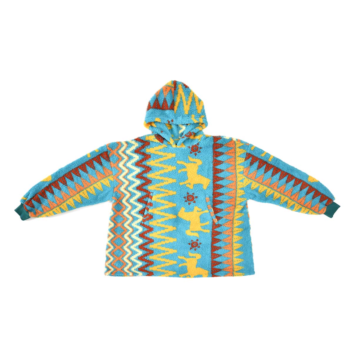 Homesmart Teal Blue and Yellow Abstract and Tribal Pattern Sherpa Sweatshirt with Hood image number 0