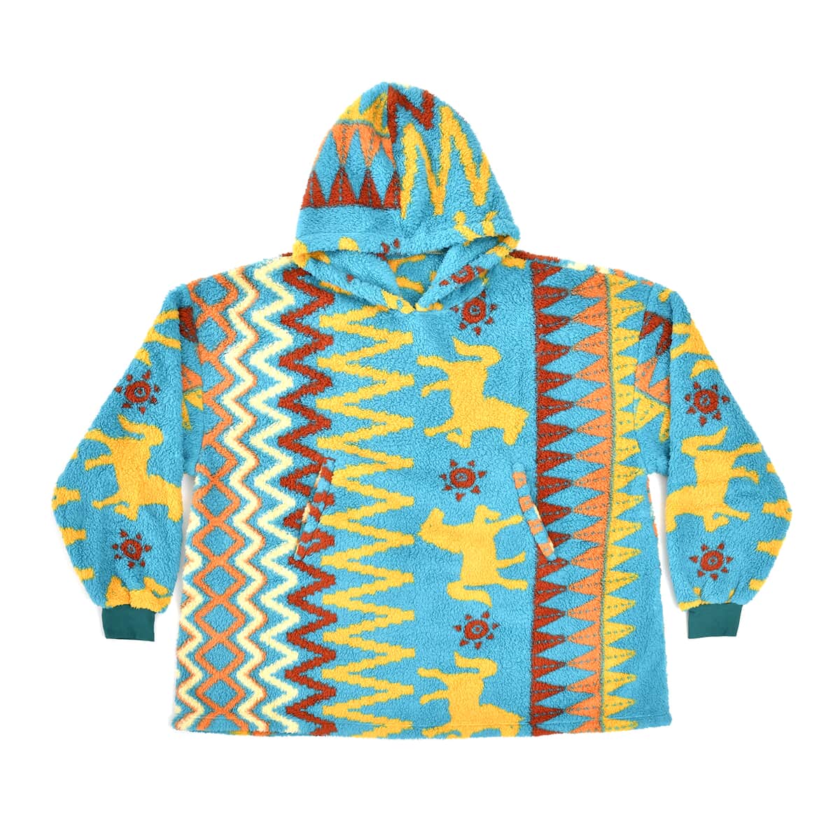 Homesmart Teal Blue and Yellow Abstract and Tribal Pattern Sherpa Sweatshirt with Hood image number 1