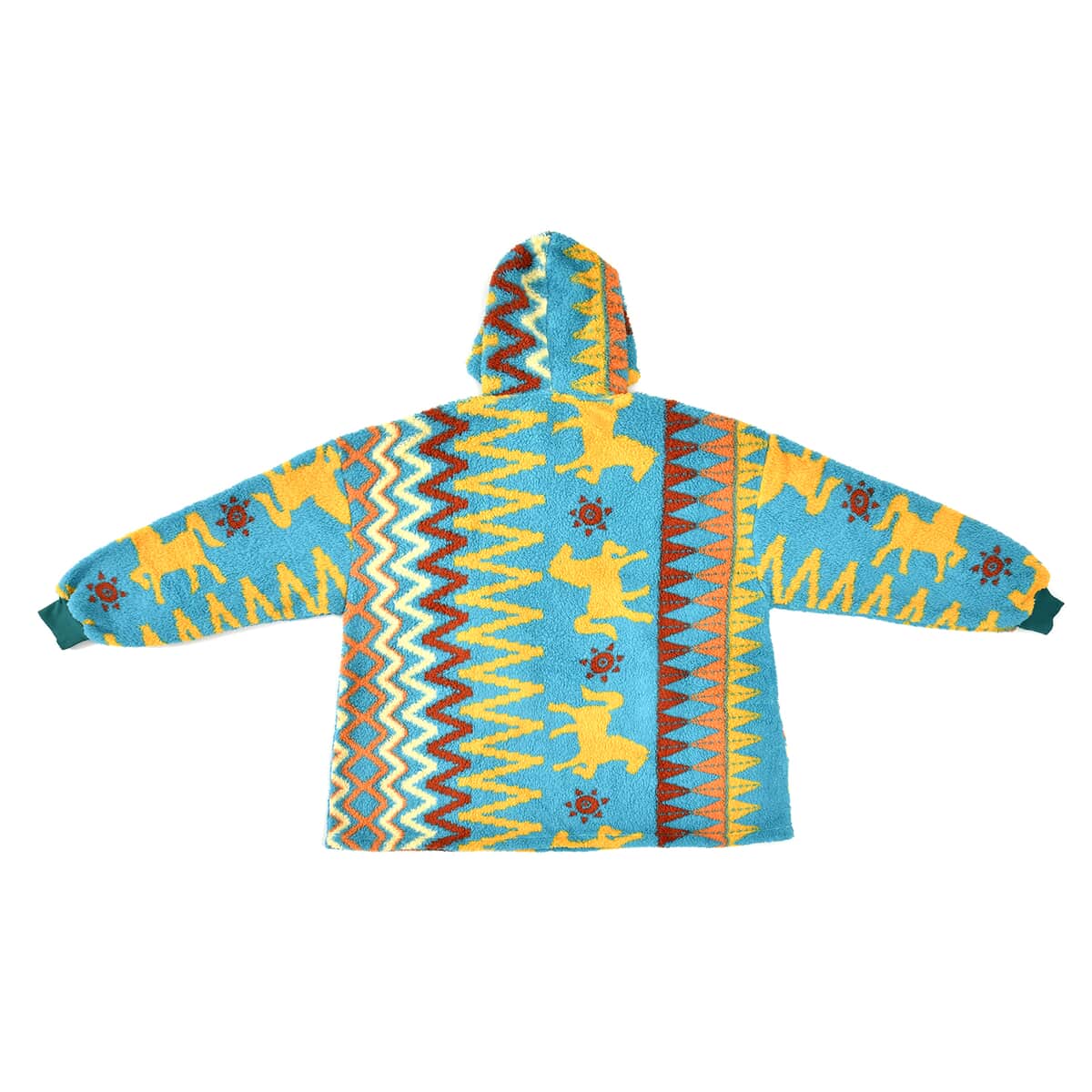 Homesmart Teal Blue and Yellow Abstract and Tribal Pattern Sherpa Sweatshirt with Hood image number 2