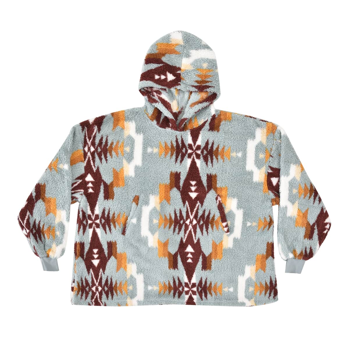 Homesmart Light Blue and Brown Abstract and Tribal Pattern Sherpa Sweatshirt with Hood image number 1