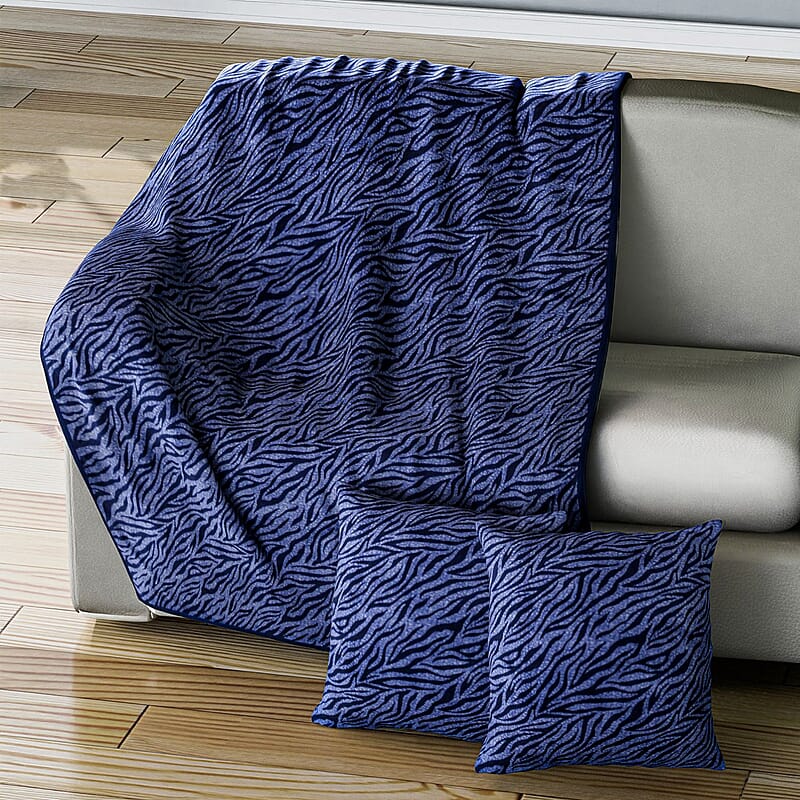 Homesmart Blue Color Zebra Stripe Pattern Microfiber Coral Fleece Blanket with 2 Cushion Covers, Microfiber Blanket Set, Soft Throw Blanket, Bedding Set, Comforter Sets