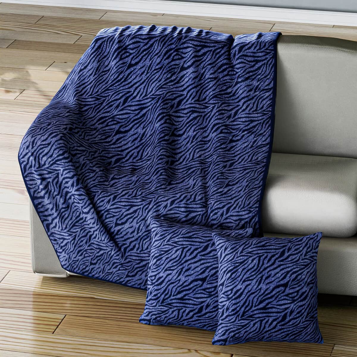 Homesmart Blue Color Zebra Stripe Pattern Microfiber Coral Fleece Blanket with 2 Cushion Covers, Microfiber Blanket Set, Soft Throw Blanket, Bedding Set, Comforter Sets image number 0