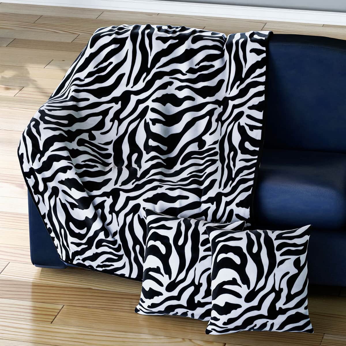 Homesmart Black & White Color Zebra Stripe Pattern Microfiber Coral Fleece Blanket (59.05x78.74) with 2 Cushion Covers image number 0