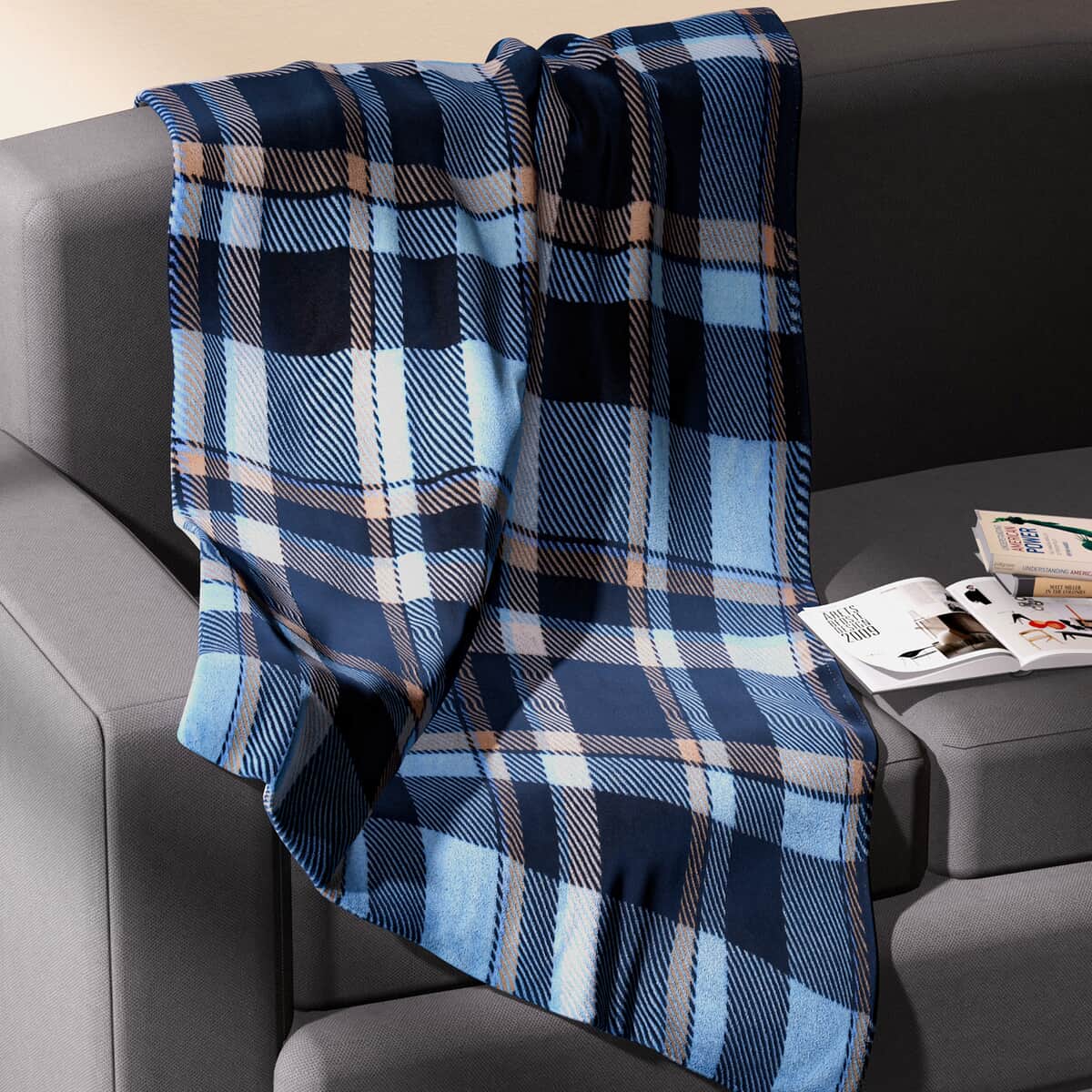 HOMESMART 2 in 1 Blue and Black Plaid Pattern Printed Flannel Blanket (50"x60") Folded into Cushion Cover (14.5"x14.5") image number 1