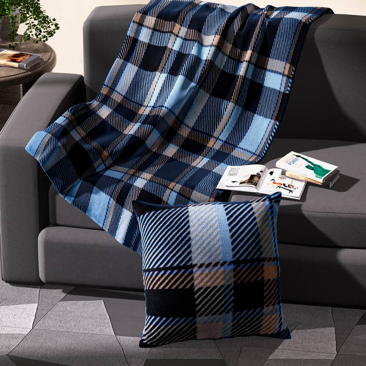 HOMESMART 2 in 1 Blue and Black Plaid Pattern Printed Flannel Blanket (50"x60") Folded into Cushion Cover (14.5"x14.5") image number 3