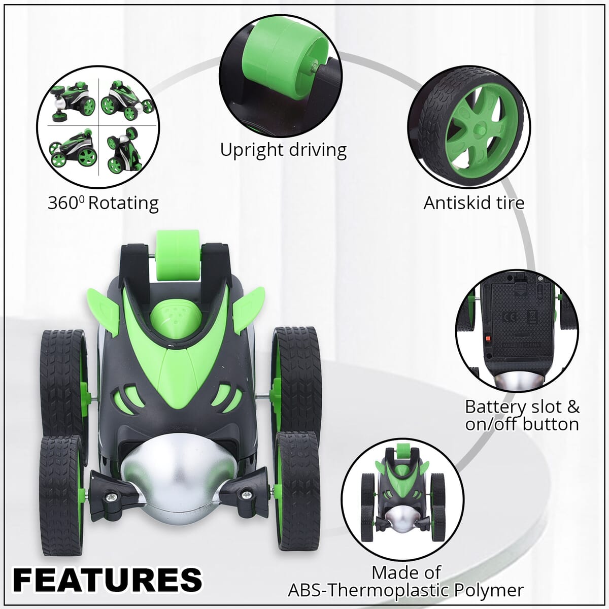 Homesmart Green Racing Remote Control Stunt Car, 4 Wheel Drive with 360 Degree Rotation, Spin and Flips (AA Batteries Not Included) image number 2