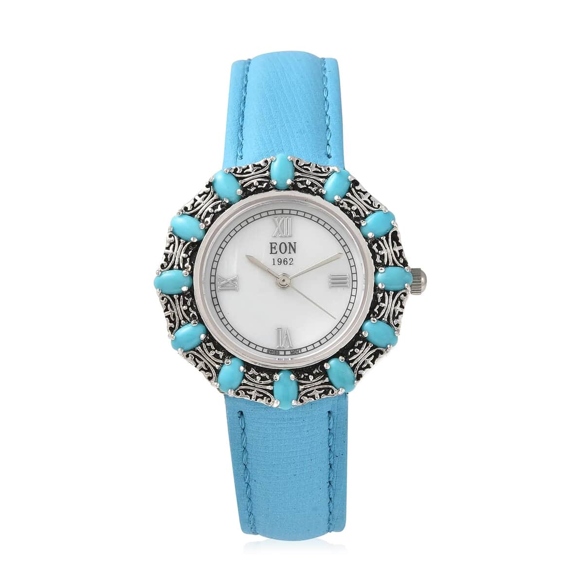 TLV EON 1962 Natural Arizona Sleeping Beauty Turquoise Swiss Movement Native American Style Butterfly Watch with Sterling Silver Case and Blue Leather Strap 3.00ctw image number 0