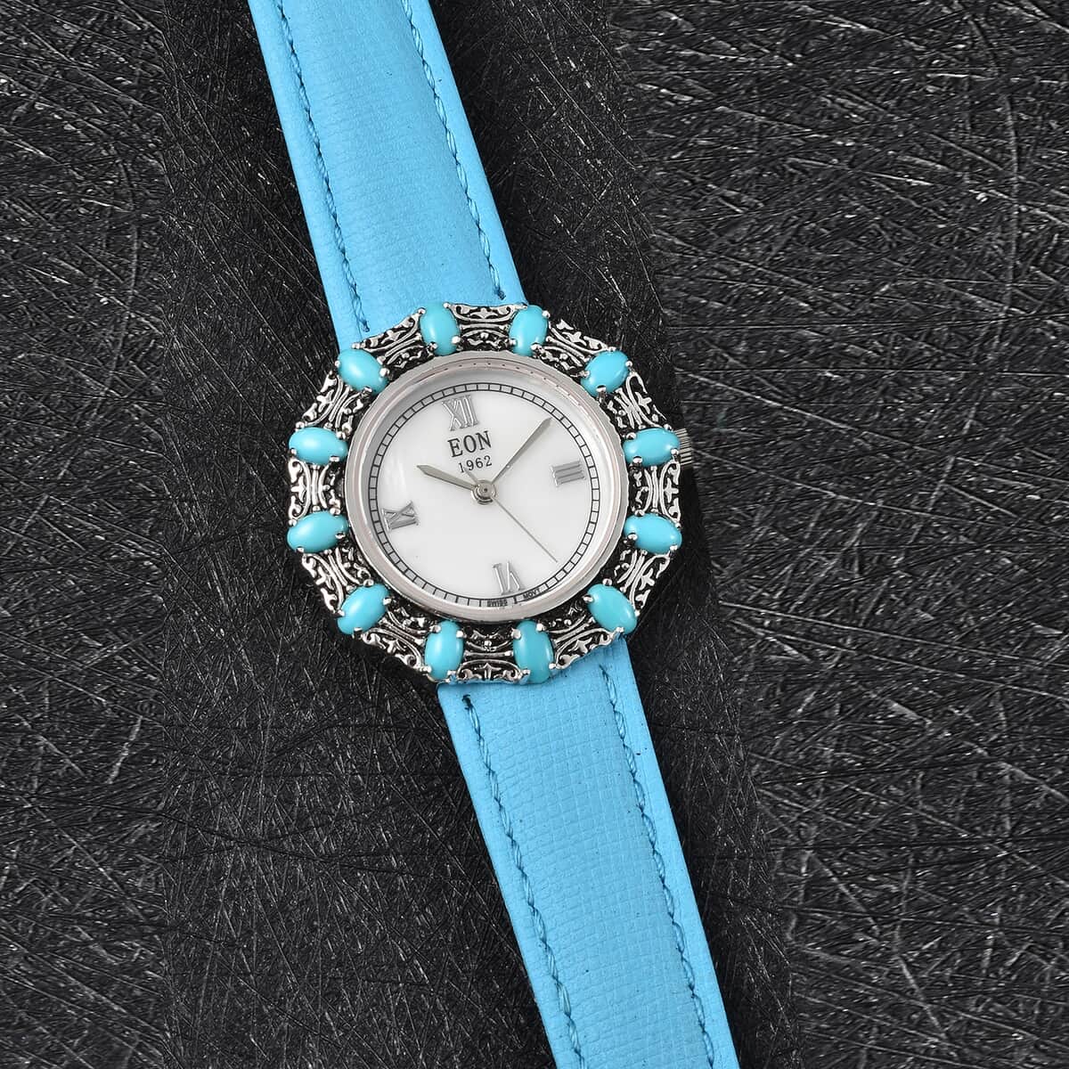 Eon 1962 Sleeping Beauty Turquoise Swiss Movement Butterfly Watch with MOP Dial in Sterling Silver Case and Leather Strap 3.00 ctw image number 1