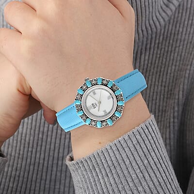Eon 1962 Sleeping Beauty Turquoise Swiss Movement Butterfly Watch with MOP Dial in Sterling Silver Case and Leather Strap 3.00 ctw