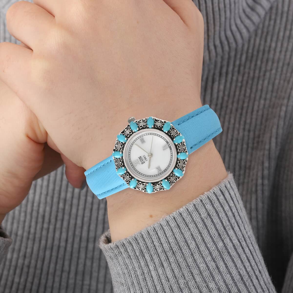 TLV EON 1962 Natural Arizona Sleeping Beauty Turquoise Swiss Movement Native American Style Butterfly Watch with Sterling Silver Case and Blue Leather Strap 3.00ctw image number 2