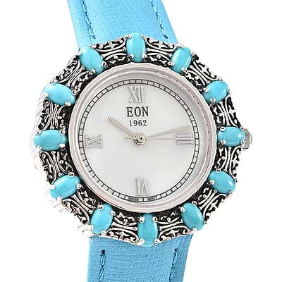 Eon 1962 Sleeping Beauty Turquoise Swiss Movement Butterfly Watch with MOP Dial in Sterling Silver Case and Leather Strap 3.00 ctw