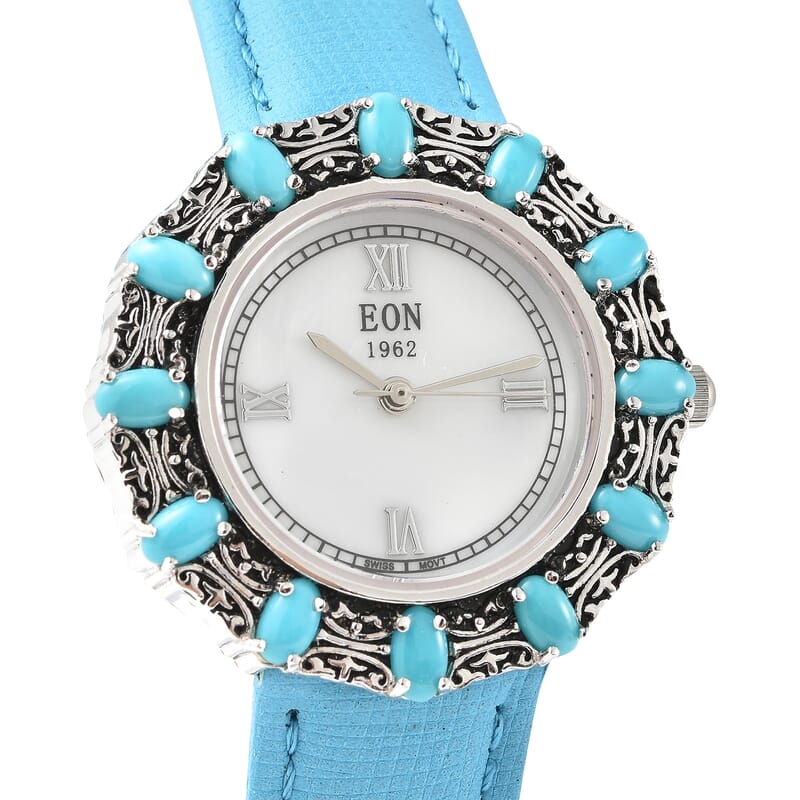 Eon 1962 Sleeping Beauty Turquoise Swiss Movement Butterfly Watch with MOP Dial in Sterling Silver Case and Leather Strap 3.00 ctw