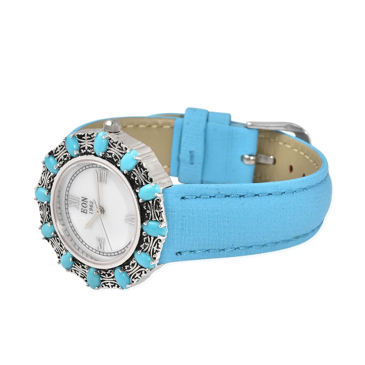TLV EON 1962 Natural Arizona Sleeping Beauty Turquoise Swiss Movement Native American Style Butterfly Watch with Sterling Silver Case and Blue Leather Strap 3.00ctw image number 4