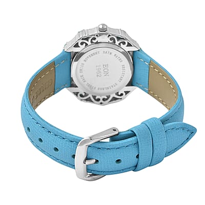 Eon 1962 Sleeping Beauty Turquoise Swiss Movement Butterfly Watch with MOP Dial in Sterling Silver Case and Leather Strap 3.00 ctw