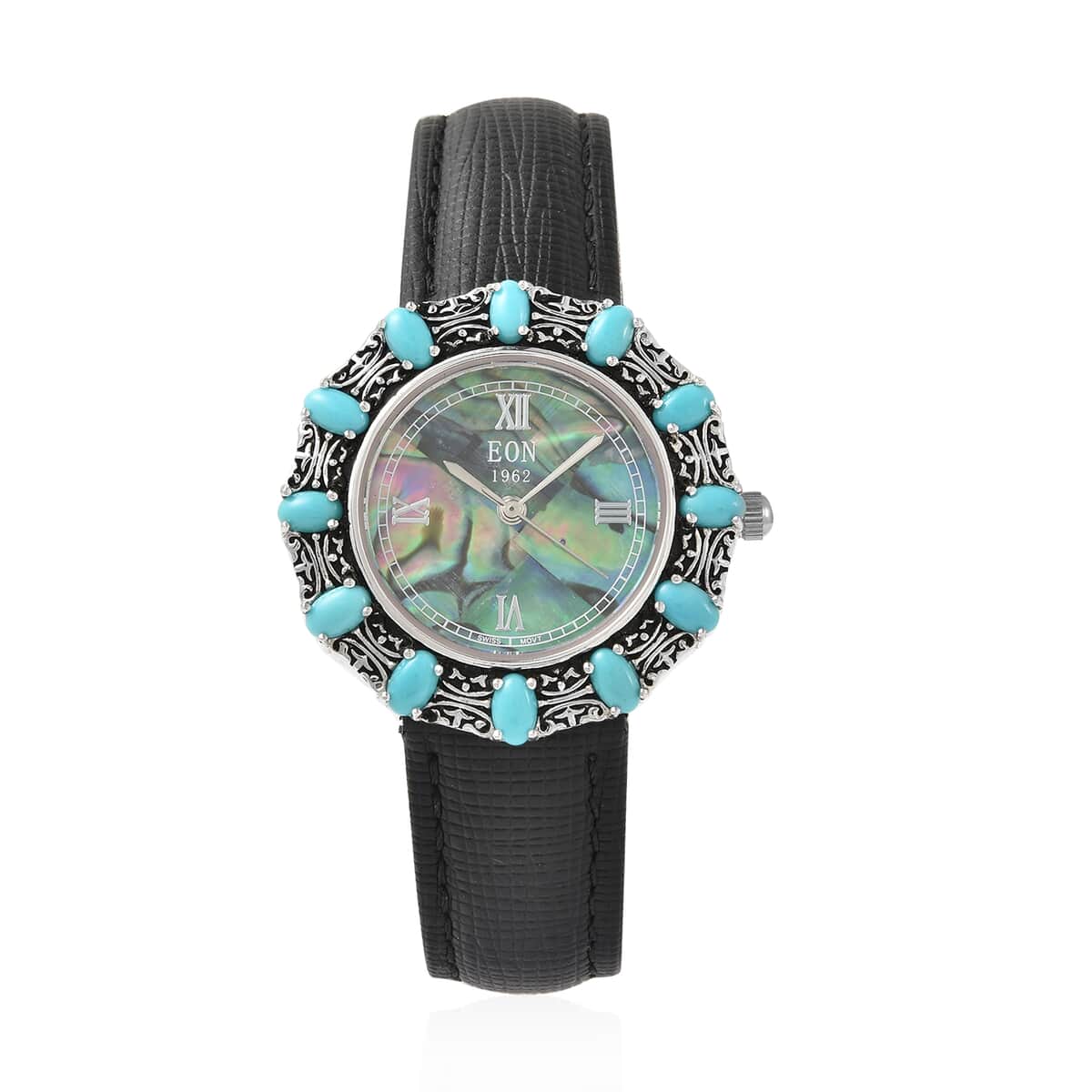 Eon 1962 Sleeping Beauty Turquoise Swiss Movement Butterfly Watch with Abalone Shell Dial in Sterling Silver Case and Leather Strap 3.00ctw image number 0