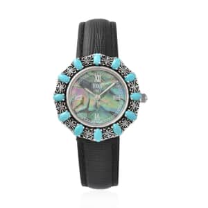 Eon 1962 Sleeping Beauty Turquoise Swiss Movement Butterfly Watch with Abalone Shell Dial in Sterling Silver Case and Leather Strap 3.00ctw