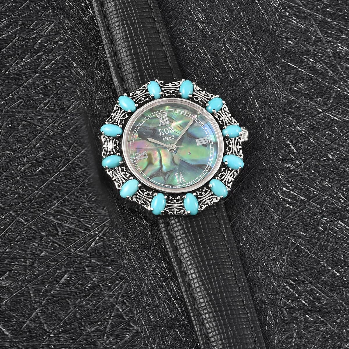 Eon 1962 Sleeping Beauty Turquoise Swiss Movement Butterfly Watch with Abalone Shell Dial in Sterling Silver Case and Leather Strap 3.00ctw image number 1