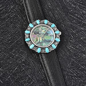 Eon 1962 Sleeping Beauty Turquoise Swiss Movement Butterfly Watch with Abalone Shell Dial in Sterling Silver Case and Leather Strap 3.00ctw
