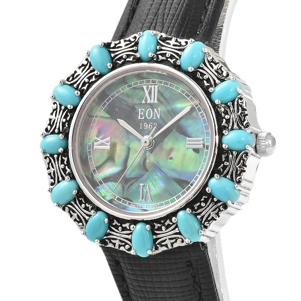 Eon 1962 Sleeping Beauty Turquoise Swiss Movement Butterfly Watch with Abalone Shell Dial in Sterling Silver Case and Leather Strap 3.00ctw image number 3