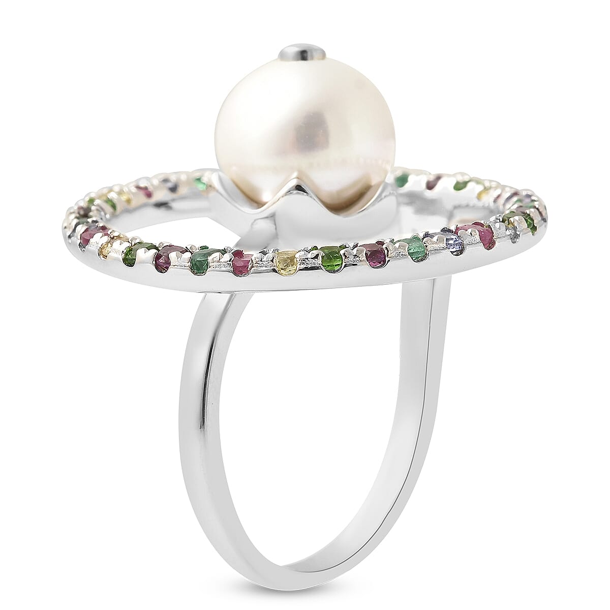 White Edison Pearl, Multi Gemstone and Diamond Accent Ring in Rhodium Over Sterling Silver (Size 10.0) 1.60 ctw image number 3
