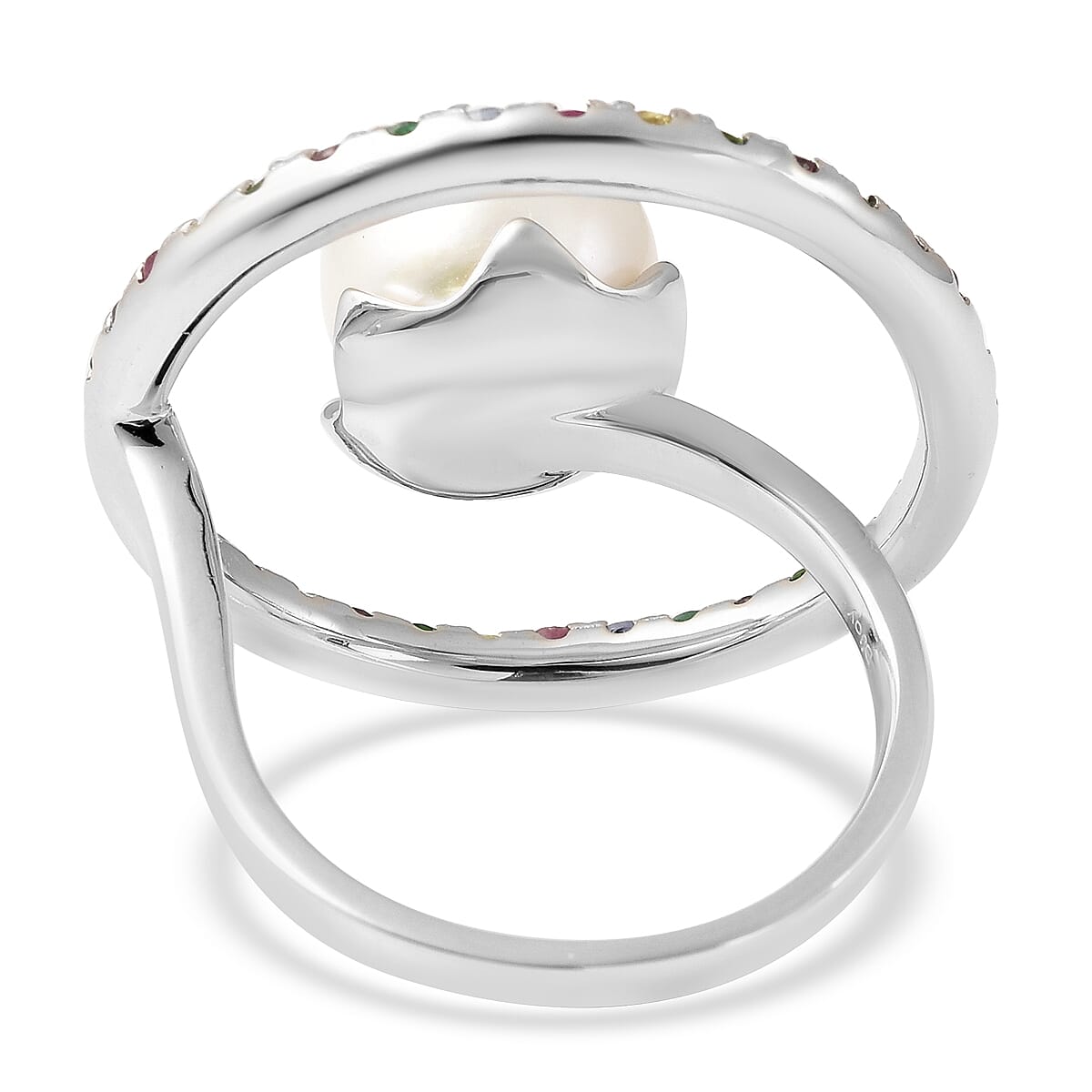 White Edison Pearl, Multi Gemstone and Diamond Accent Ring in Rhodium Over Sterling Silver (Size 10.0) 1.60 ctw image number 4