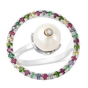 White Edison Pearl, Multi Gemstone and Diamond Accent Ring in Rhodium Over Sterling Silver (Size 7.0) 1.60 ctw