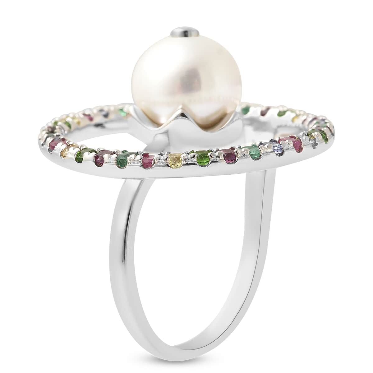 White Edison Pearl, Multi Gemstone and Diamond Accent Ring in Rhodium Over Sterling Silver (Size 7.0) 1.60 ctw image number 3
