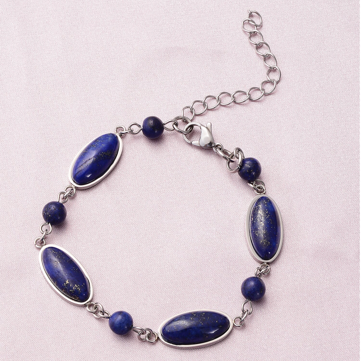 Lapis Lazuli Station Bracelet in Stainless Steel (7.5-9.5In) 37.30 ctw
