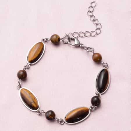 Yellow Tiger's Eye Station Bracelet in Stainless Steel (7.5-9.5 In) 33.60 ctw image number 1
