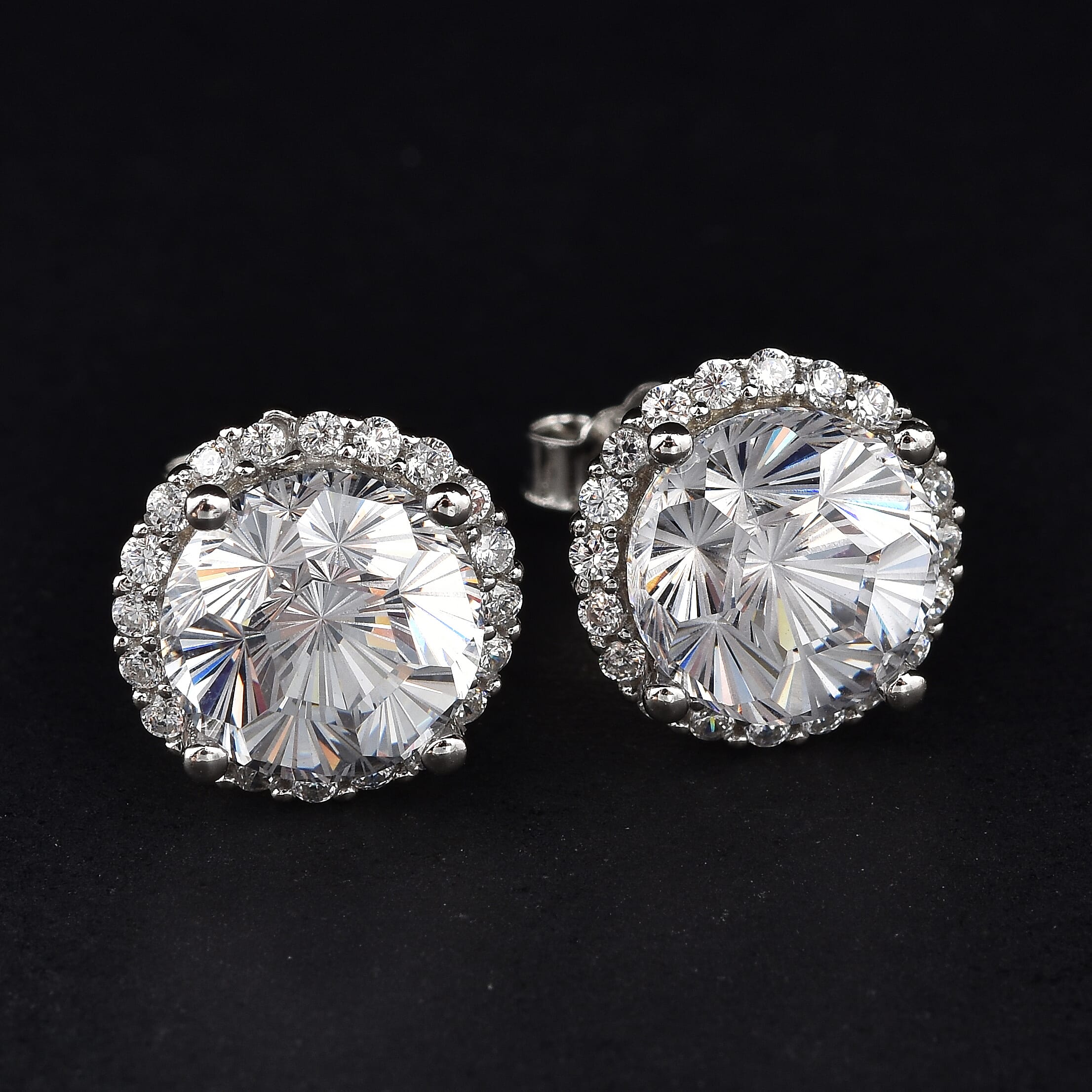 Lustro Stella Fire Cracking Cut Finest Pink and White CZ Halo Stud Earrings in Sterling Silver 8.65 ctw