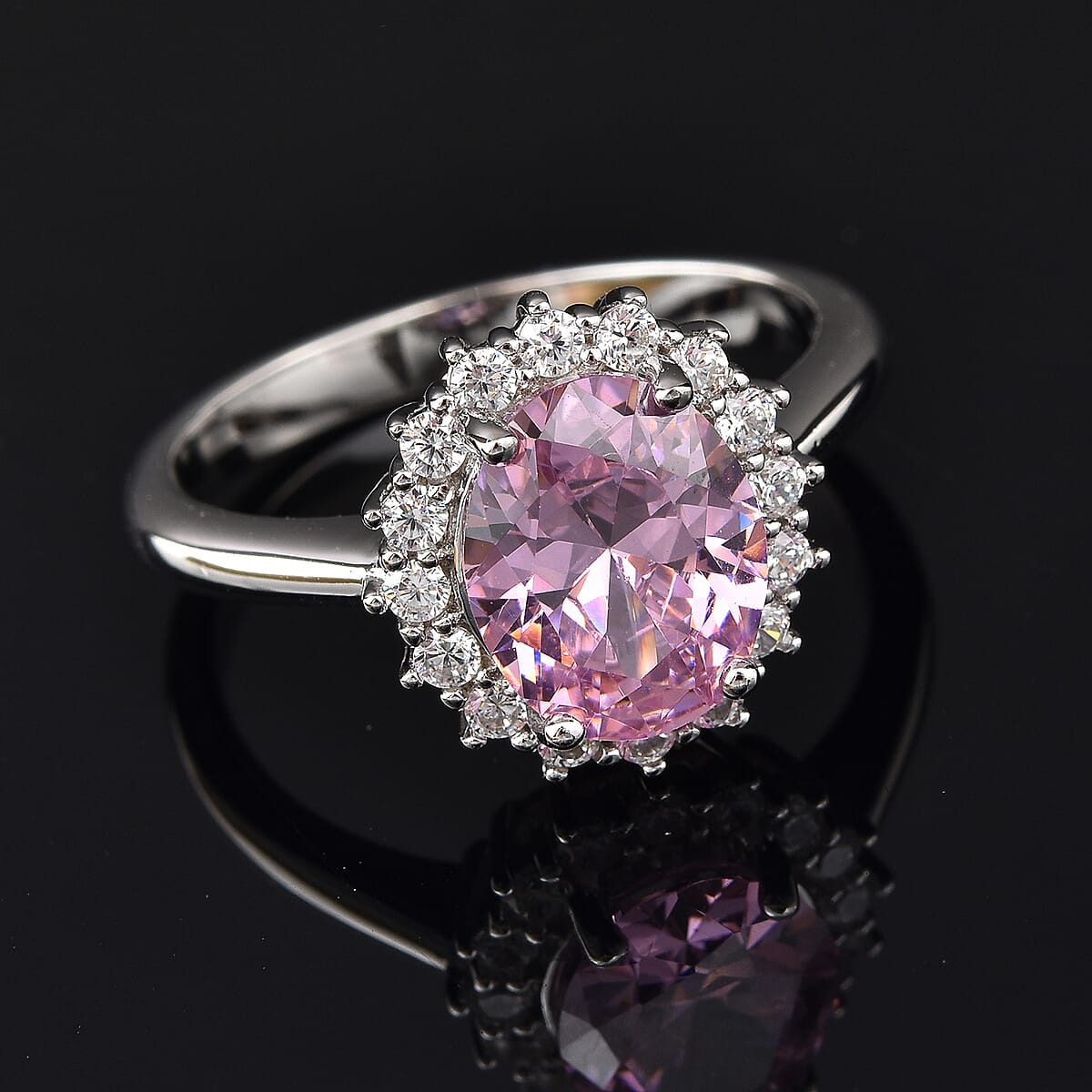 Lustro Stella Finest Pink and White CZ Halo Ring in Sterling Silver (Size 7.0) 4.65 ctw image number 1